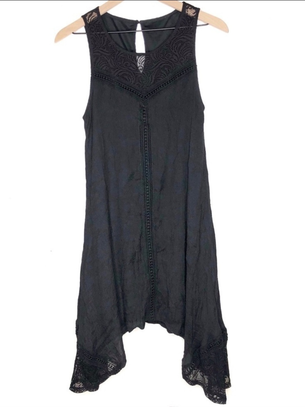 Black Boho Lace Midi Dress Sleeveless Sharkbite Hem Keyhole Back M